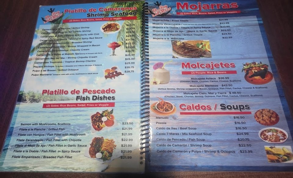 Menu page with seafood and Mexican dishes.